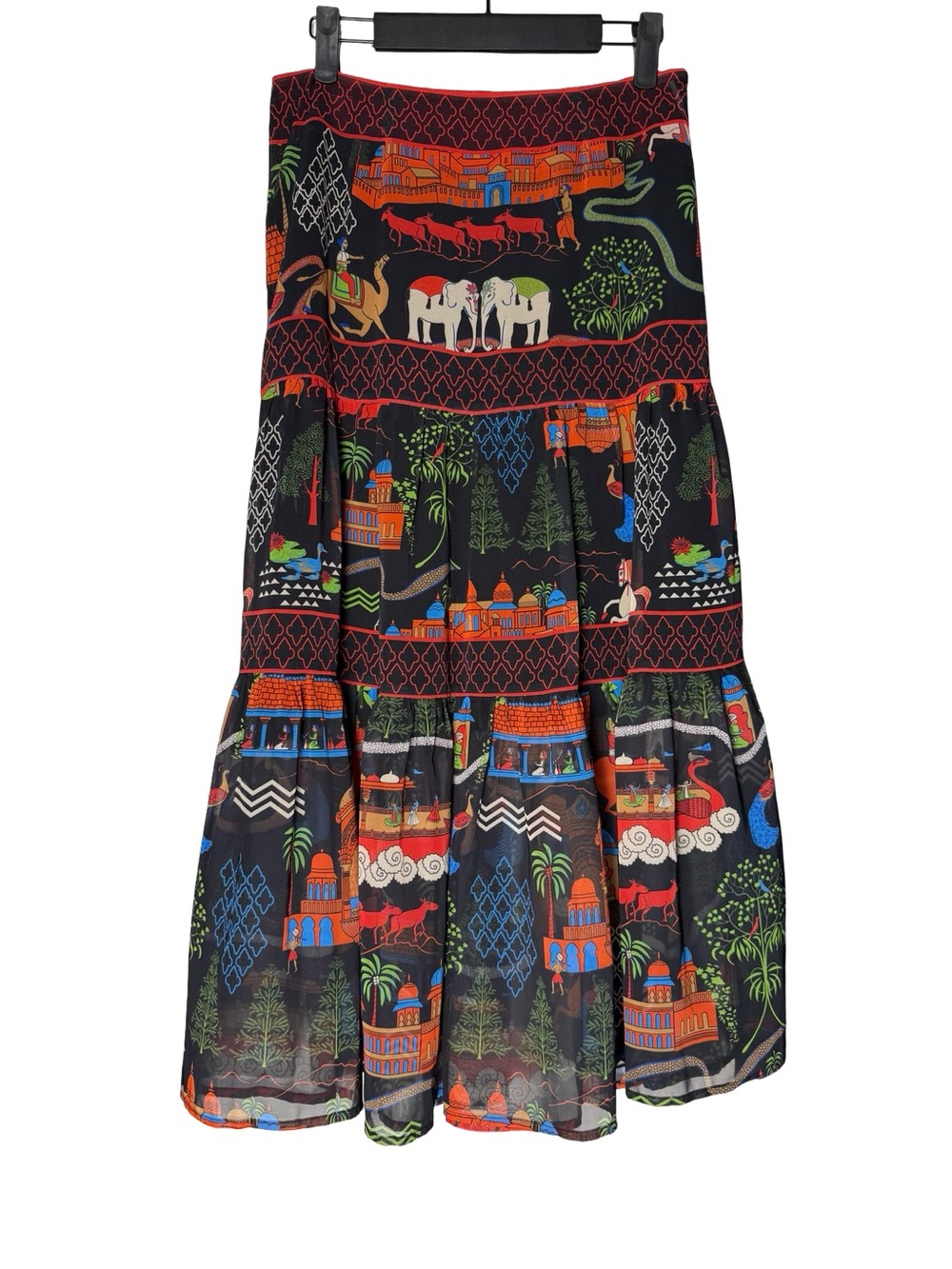 Gretchen Scott Midi Skirt Size XS India Novelty Print Tiered Elephant Camel Boho